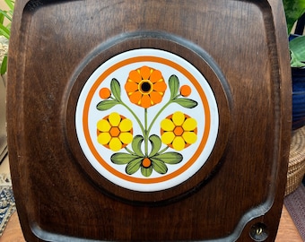 Vintage 1970s Himark Wood Cheese Board, Floral Tile Serving Tray, MCM Entertaining Platter (Made in Japan)