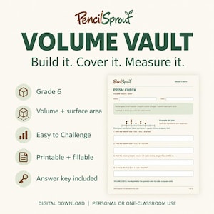 May include: A digital educational worksheet titled PencilSprout VOLUME VAULT: Build it. Cover it. Measure it. The page features a PRISM CHECK maths exercise for Grade 6 covering volume and surface area, including a dot plot and four maths problems.
