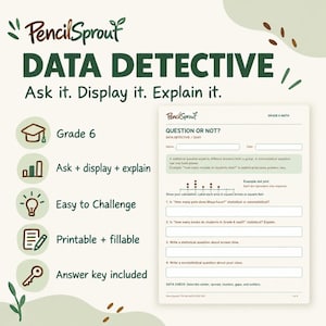 May include: A Grade 6 math worksheet titled Data Detective: Question or Not? featuring fields for name and date, a definition of statistical questions, a dot plot example, and four numbered questions about statistical data analysis.
