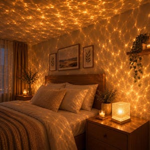 May include: A square-shaped table lamp with a textured, translucent glass shade and a wooden base, emitting a warm, golden light that projects a rippling, water-like pattern across the bedroom walls and ceiling, creating a soft ambient glow.