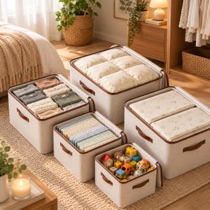 May include: A set of four rectangular beige fabric storage bins with brown faux leather handles. The bins contain folded clothing, patterned white textiles, stacked thin books or papers, and a collection of colorful plastic toy blocks and vehicles.