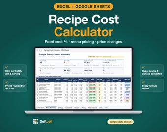 Recipe Cost Calculator Spreadsheet, Food Cost & Menu Pricing (Excel/Google Sheets)