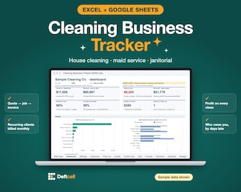 Cleaning Business Tracker Spreadsheet: Quotes, Jobs, Invoices, Payments, P&L (Excel + Google Sheets)