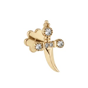14K Gold Round Lab Grown Diamond Trinity Hilt Sword Threaded Stud Earring, Unique Geometric Gold Helix, Tragus & Cartilage Piercing Jewelry