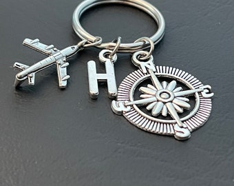 Airplane keychain,compass keychain,initials keychain ,travel keychain