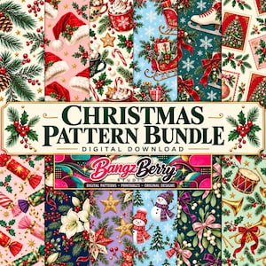 May include: A digital Christmas pattern bundle featuring various festive designs including Santa hats, hot cocoa, sleighs, ice skates, snowmen, and holly. The central text reads CHRISTMAS PATTERN BUNDLE DIGITAL DOWNLOAD and BangzBerry Studio.