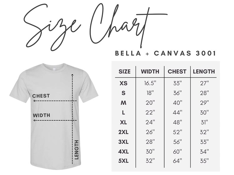 May include: Size chart for Bella + Canvas 3001 t-shirts, showing measurements in inches for width, chest, and length for sizes XS to 5XL.