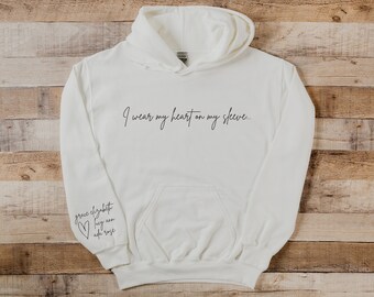 I Wear My Heart On My Sleeve Hoodie, Personalized Gift for Mom, Custom Mama Sweatshirt with Kids Names on Sleeve, Perfect Mothers Day Gift