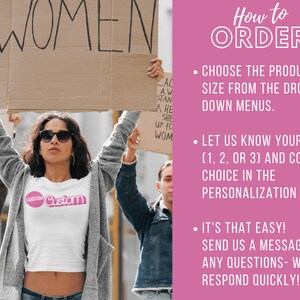 May include: A woman wearing a white t-shirt with the word "Custom" printed on it, holds a cardboard sign that says "Women". The sign is held above her head. The image includes instructions on how to order a custom t-shirt with a design and color choice.