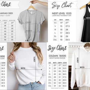 May include: Size chart for Bella + Canvas 3001 unisex jersey t-shirt, Gildan 18000 heavy blend sweatshirt, Next Level 1533 ladies ideal racerback tank, and Gildan 18500 heavy blend hoodie. The chart shows measurements in inches for width, chest, length, and sleeve.