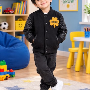 Kids Notre Dame Varsity Jacket | Irish Shamrock Black Bomber Jacket| Boys Leather Sleeve Collar Jacket | Kids School Sprit Jacket
