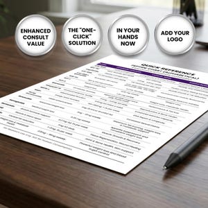May include: A white quick reference peptide chart with purple headings and detailed information, including dosage and benefits. The chart is on a wooden surface with a pen. Four white circular buttons with text are in the background.