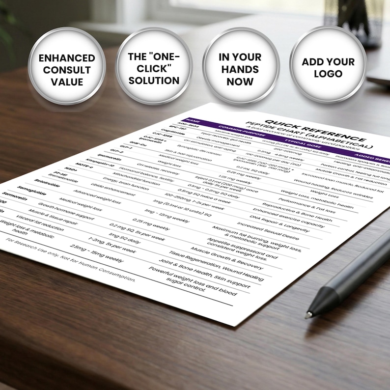 May include: A white quick reference peptide chart with purple headings and detailed information, including dosage and benefits. The chart is on a wooden surface with a pen. Four white circular buttons with text are in the background.