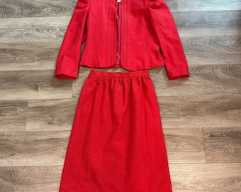 Vintage 80s Red Wool Blend Velvet Collar Skirt Suit Set Tag 9/10 Fits Sz 2 4 26