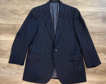 Traje de dos piezas de lana azul marino a rayas finas para hombre, estilo vintage de los años 80, marca Norman Hilton, talla 43R W36.