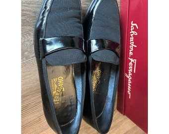 Mocassini da smoking vintage da uomo in tessuto verniciato nero, taglia 12 B