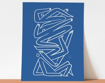 Rock Climbing Print | Abstract Figure Art, Minimalist White on Blue