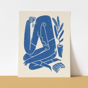 Stampa Lettura / Libri / "Angolo Accogliente" / Parete Minimale / Scrivania / Mensola Artistica / Blu e Bianco Sporco