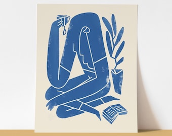 Print Reading | Books | "Cozy Corner" | Minimal Wall | Desk | Shelf Art | Blue and Off White
