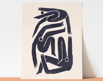 Linocut Print Modern | Figurative | "Community" | Minimal Wall | Desk | Shelf Art | Black Lino Cut