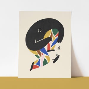 May include: A black figure with a colorful patterned leg is bent over, holding a skateboard. The figure has a white eye and a small white circle on its body. The skateboard is black with a white outline.