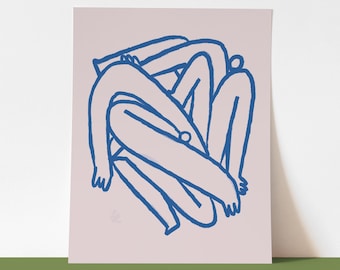 Print Contemporary | Figurative | "Hang" | Minimal Wall | Desk | Shelf Art | Blue and Off White