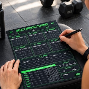 May include: A black weekly workout planner sheet with bright green text and grid lines. The planner features sections for daily exercises, sets, reps, intensity, daily steps, water intake, and sleep quality, with the text WEEKLY WORKOUT PLANNER at the top.