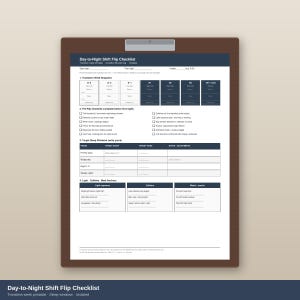 May include: A Day-to-Night Shift Flip Checklist printed on white paper and secured to a brown clipboard. The document features sections for transition week snapshots, pre-flip checklists, target sleep windows, and light, caffeine, and meal anchors.