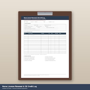 May include: A brown clipboard holding a printed Nurse License Renewal & CE Credit Log form. The document features sections for License Snapshot, a CE/Contact Hour log table, and a Renewal Checklist with checkboxes for tracking professional credentials.
