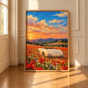 Op de afbeelding: Een olieverfschilderij in een houten lijst met een witte vintage cabriolet geparkeerd in een veld vol felrode klaprozen en witte wilde bloemen onder een zonsonderganglucht met oranje, roze en blauwe wolken boven verre heuvels.