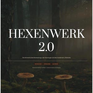 以下が含まれることがあります： HEXENWERK 2.0というタイトルのデジタルブックカバー。暗く霧のかかった森を背景に、手前に2つの茶色のキノコが描かれています。テキストには、KOMPENDIUM 15 MODULE、Die Alchemie des Biohackings, der Mykologie und des modernen Lifestyles、BIOHACKING、MYKOLOGIE、ALCHEMIE、Wissenschaftlich fundiert Kompromisslos anwendbarが含まれています。