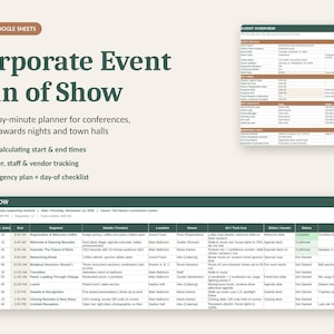 May include: A digital corporate event run of show planner template for Excel and Google Sheets. The layout features a dark green header with white text, including an event overview section and a detailed minute-by-minute schedule table.