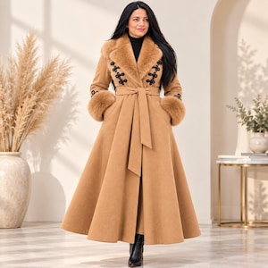 Camel Wool Coat Women, Long Victorian Military Winter Coat, Faux Fur Collar and Cuffs, Gothic Princess Coat, Plus Size Custom Gift