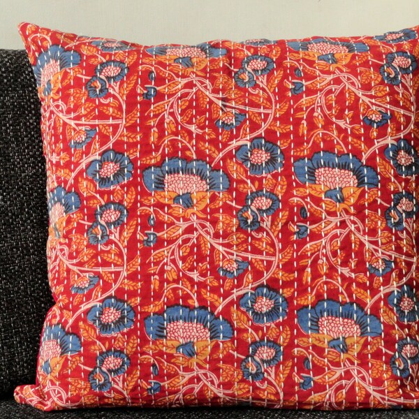 Red Kantha Pillow Spring decor Floral Print on Red  kantha cushion covers, home decor