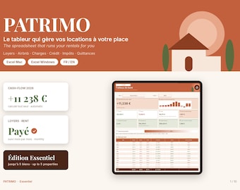 Peut inclure: Une interface de tableur numérique nommée PATRIMO pour la gestion locative. L'affichage présente un tableau de bord avec des données financières, des flux de trésorerie et le suivi des biens. Texte incluant 'CASH-FLOW 2026', 'LOYERS - RENT' et 'Édition Essentiel' sur fond terracotta et crème.