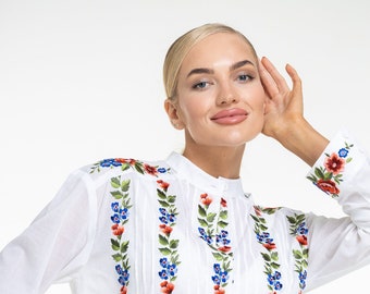 Mexico blouse top, embroidered blouse tunic, white linen tunic, vyshyvanka, floral blouse,