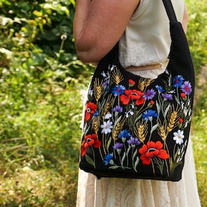 Embroidered bag , black bag, shoulder bag, boho bag, everyday bag, ethnic bag, floral bag, wool bag, handmade bag