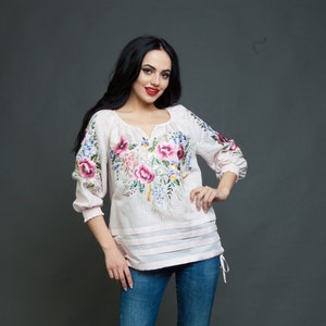 Embroidered blouse vyshyvanka bohemian loose fit shape light pink image 6