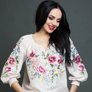 Embroidered blouse vyshyvanka bohemian loose fit shape light pink image 4