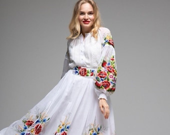 Maxi dress floor length dress white dress embroidered dress handmade dress loose dress maxi dress prom dress floral dress