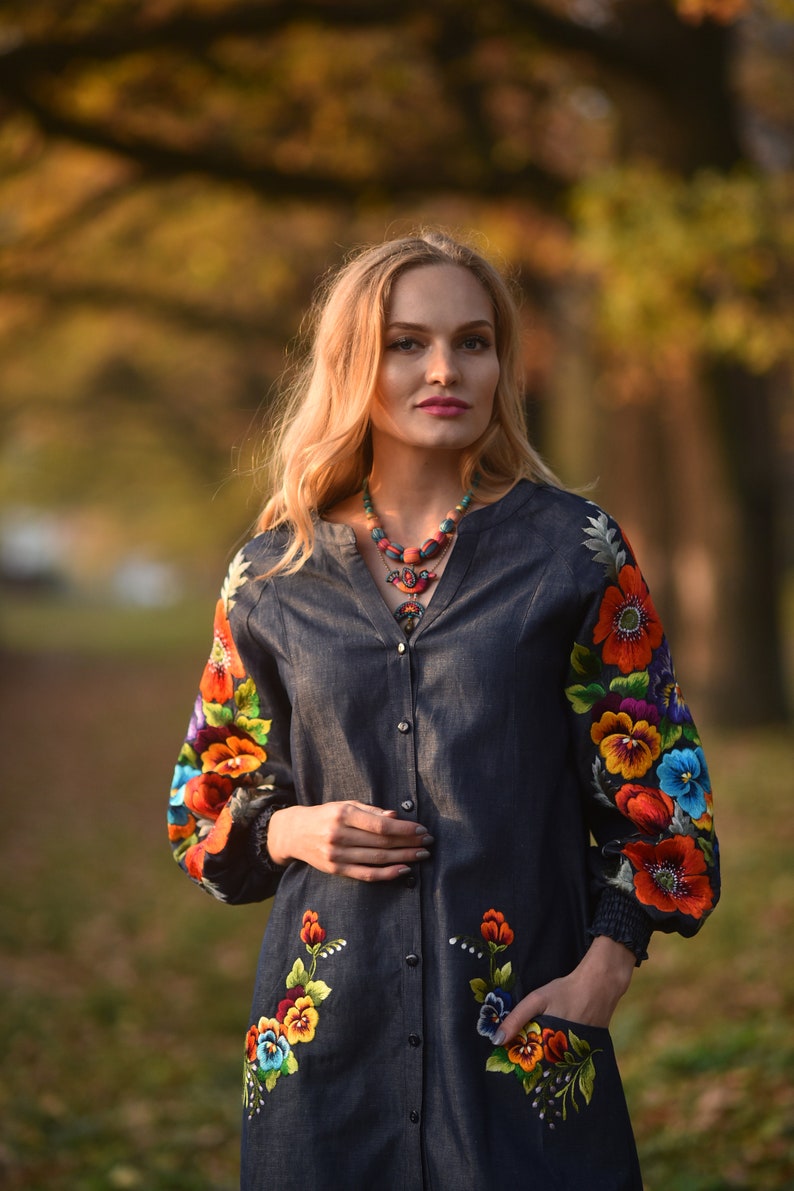 Embroidered Dress Denim Dress Office Dress Knee Length Etsy UK