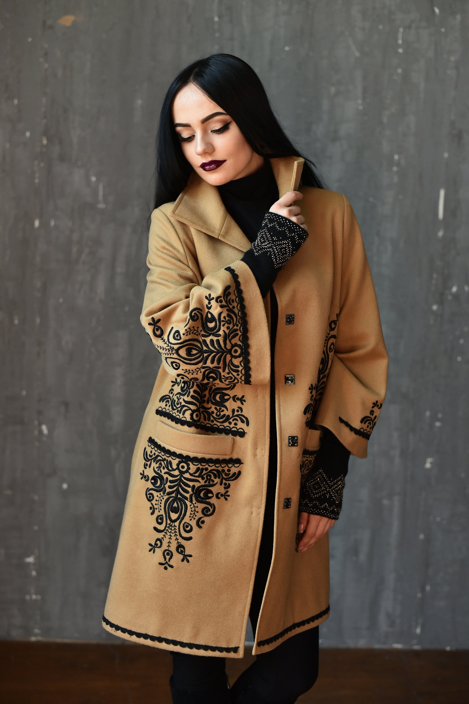 Beige coat camel coat embroidered coat cashmere coat women | Etsy