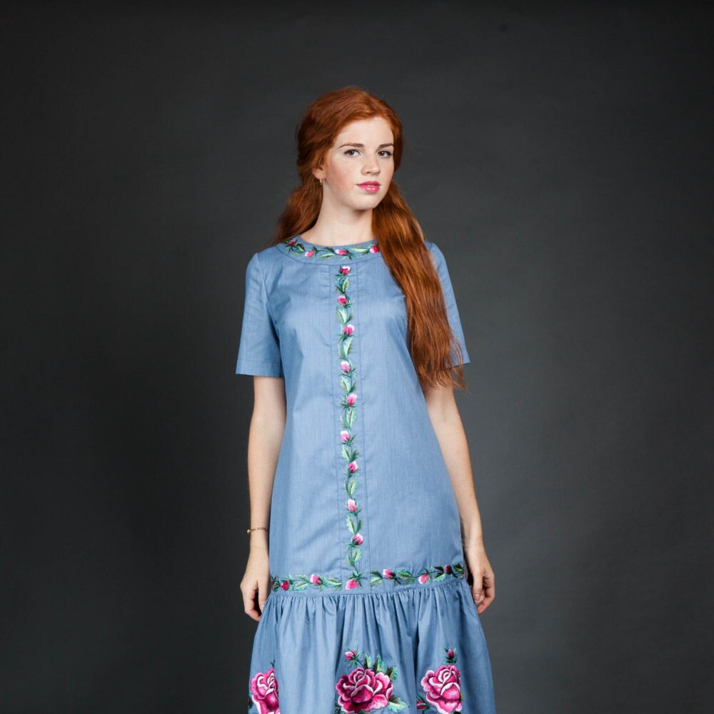 Embroidered dress knee length dress loose dress denim | Etsy
