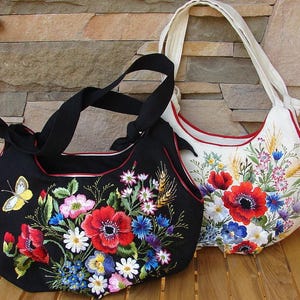 Handmade black and white linen women bag Wildflowers bouquet, Floral embroidery, Unique  embroidery art,  Mothers day gift