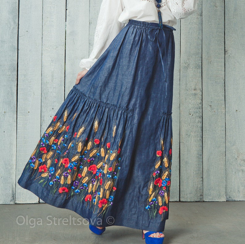 Embroidered skirt denim maxi skirt floor length maxi skirt gray skirt blue skirt in boho maxi pleated skirt blue boho skirt women skirt