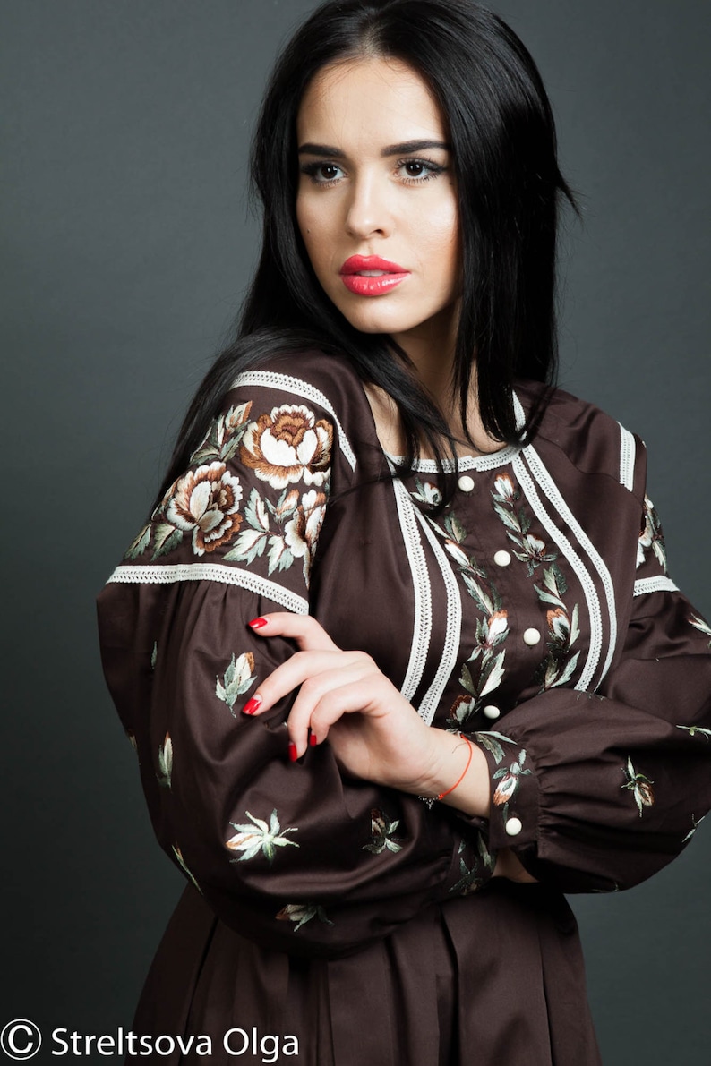 Brown Dress Embroidered Dress Knee Length Dress Office Etsy