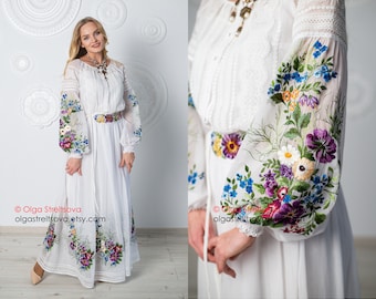 Maxi dress floor length dress white dress embroidered dress handmade dress loose dress maxi dress prom dress floral dress