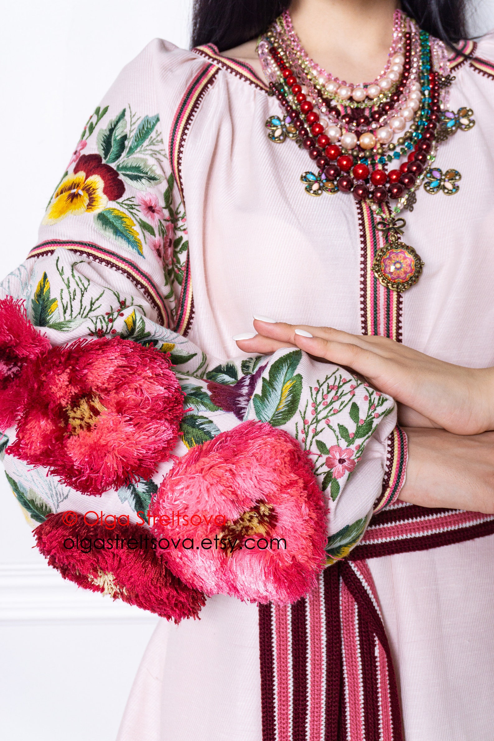 Bubble Pink Linen Red Embroidered Dress