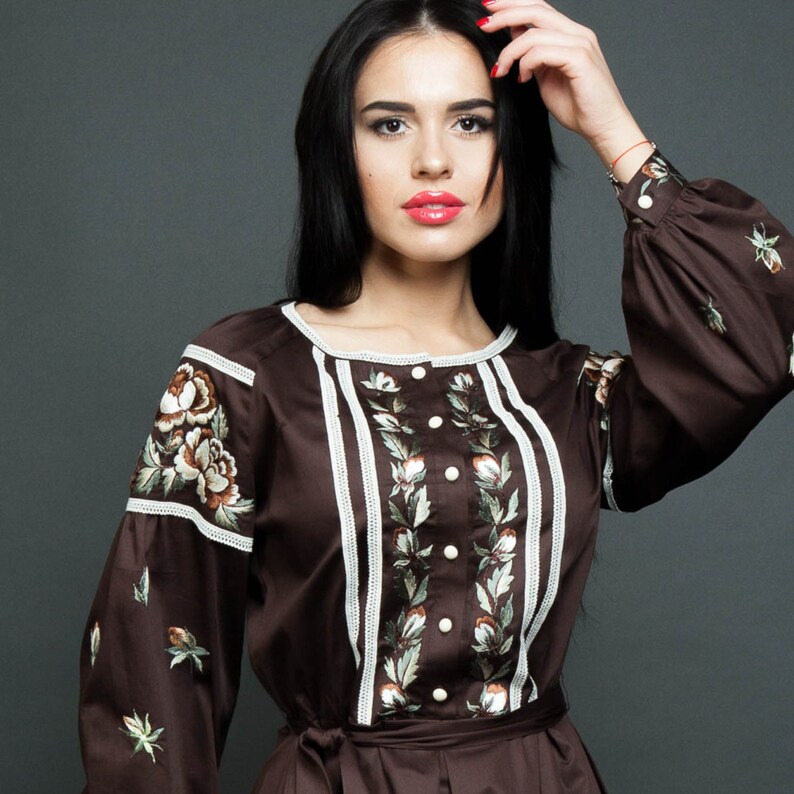 Brown Dress Embroidered Dress Knee Length Dress Office Etsy