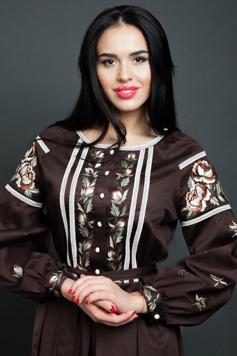 Brown dress embroidered dress knee length dress office Etsy